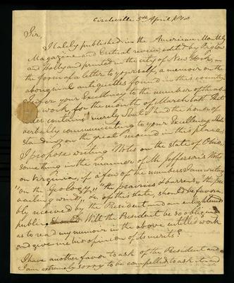 Caleb Atwater letter to James Monroe