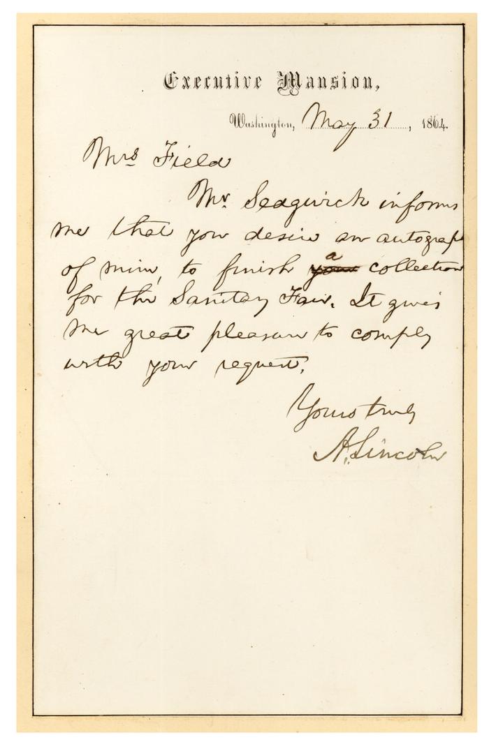 Abraham Lincoln letter to Mrs. Field, 1864