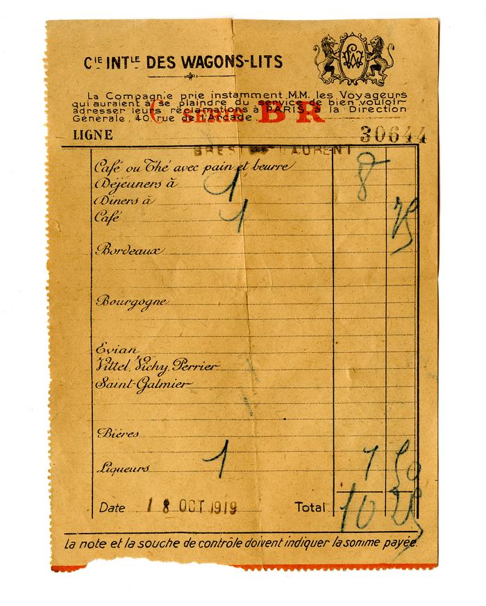 John H. Gibbon receipt from Compaignie Internationale des Wagons-Lits restaurant