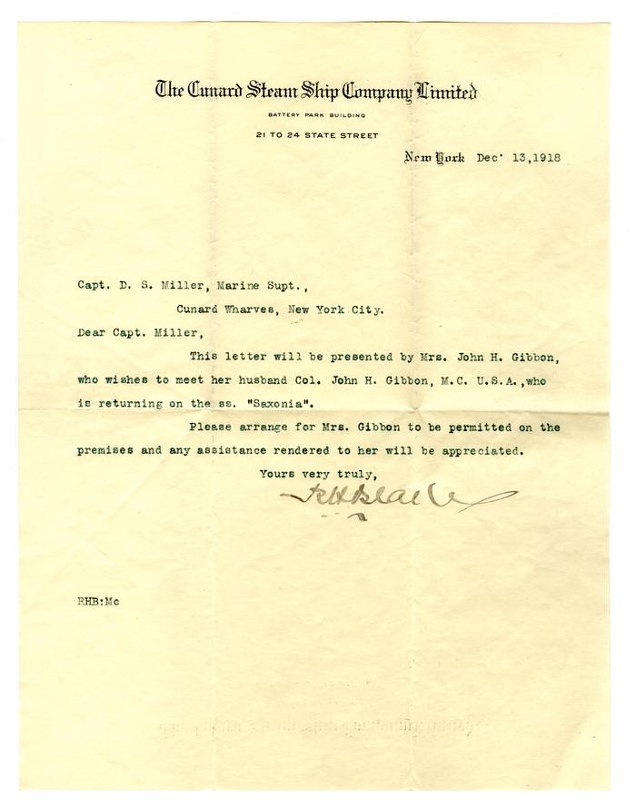 Letter to Captain D.S. Miller permitting Marjorie Gibbon to meet her husband at Cunard Wharves, New York City
