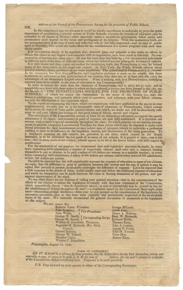 Address of the Council of the Pennsylvania Society for the promotion of Public Schools, August 14, 1828 [page 1]