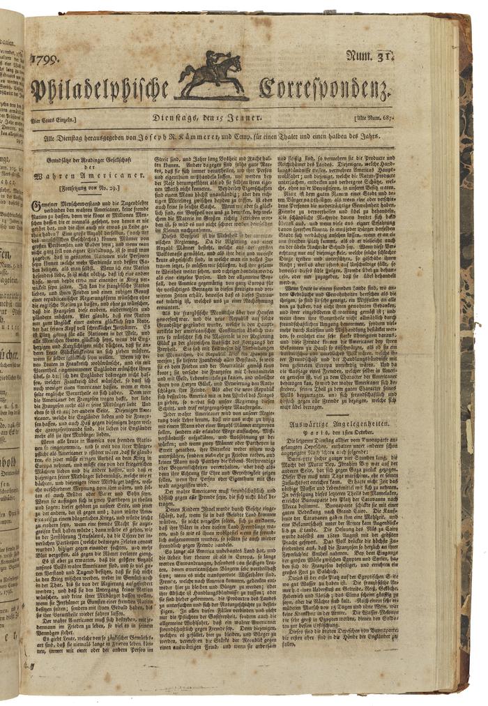 Philadelphische Correspondenz, January 15, 1799 Edition [Front Page]