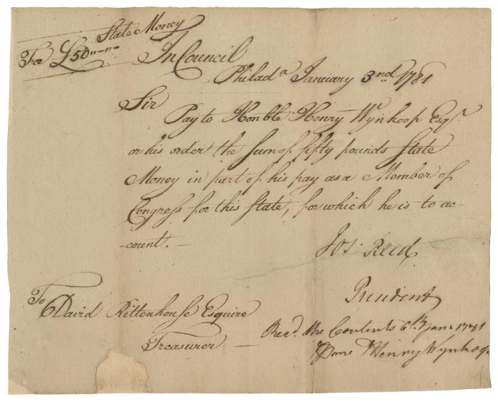 Joseph Reed state money request to David Rittenhouse on behalf of Henry Wynkoop, 1781-01-06