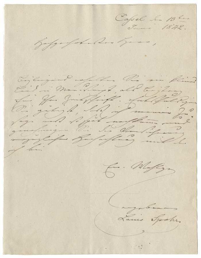 Louis Spohr letter to unknown recipient, 1842-06-13