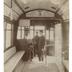 J. G. Brill Company interior view of trolley with conductor, passenger, and motorman, photograph