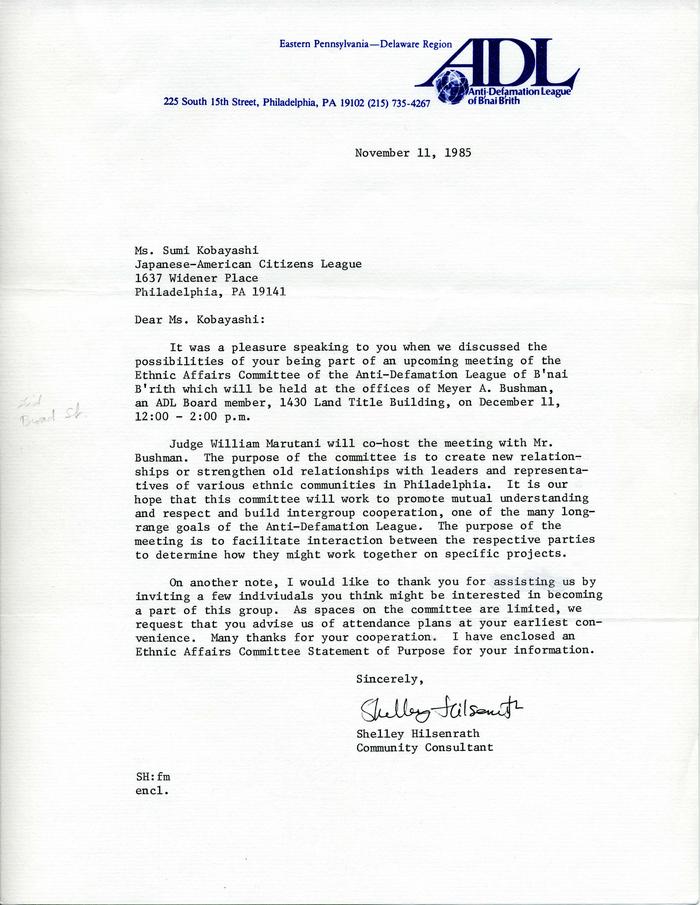 Letter from Anti-Defamation League to Sumi Kobayashi, dated November 11, 1985