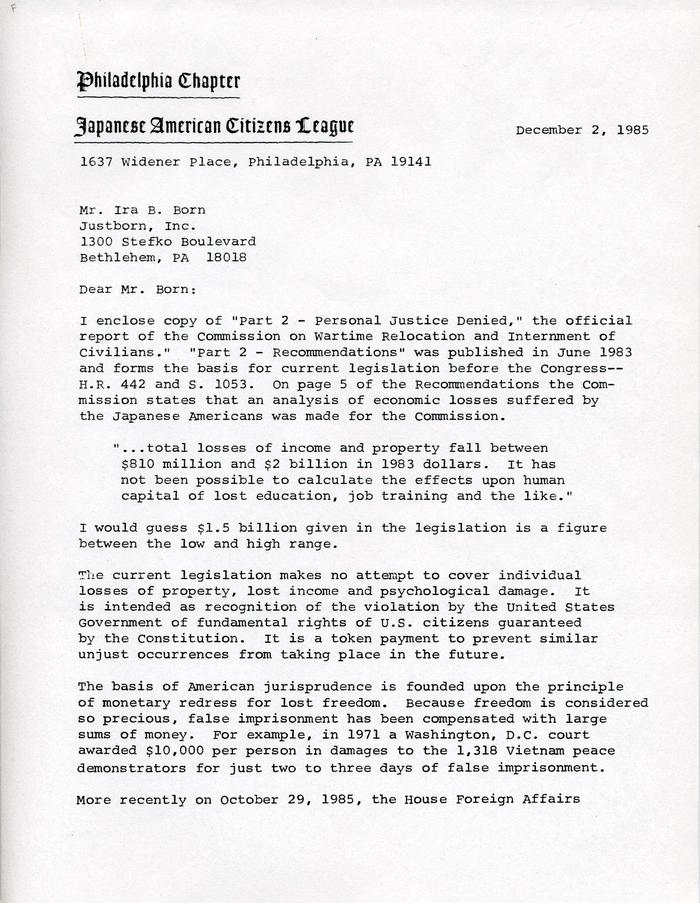 Correspondence between Ira Born and Sumi Kobayashi, December 2, 1985 (page 1 of 2)