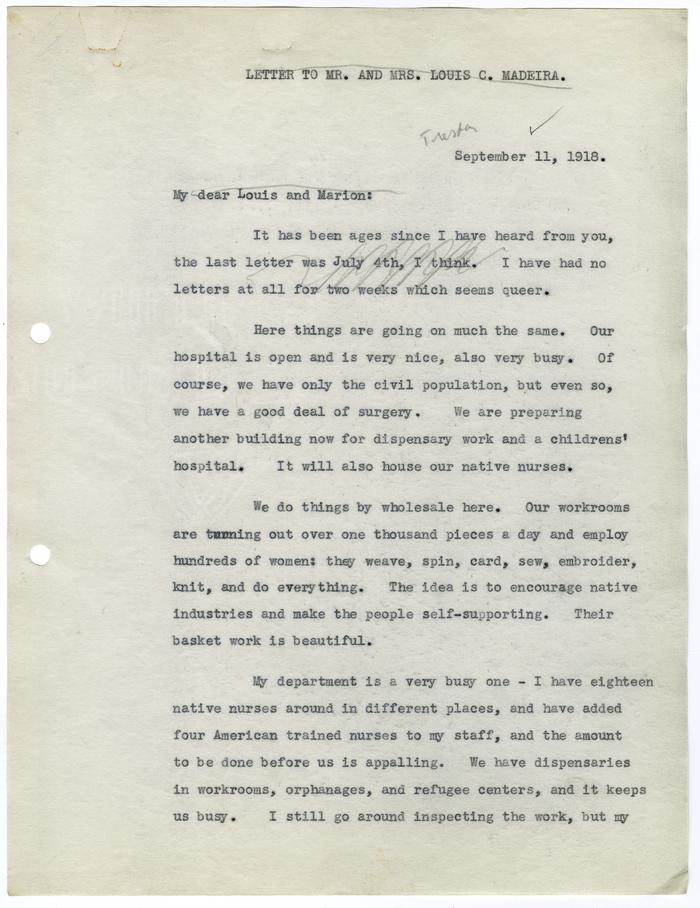 Letter to Louis and Marion Madeira, Beginning September 11 1918 and Concluding September 15 1918, Page One of Four