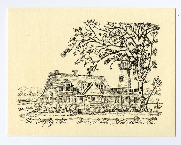 Print of an engraving of the Sedgeley House on the front of a blank card