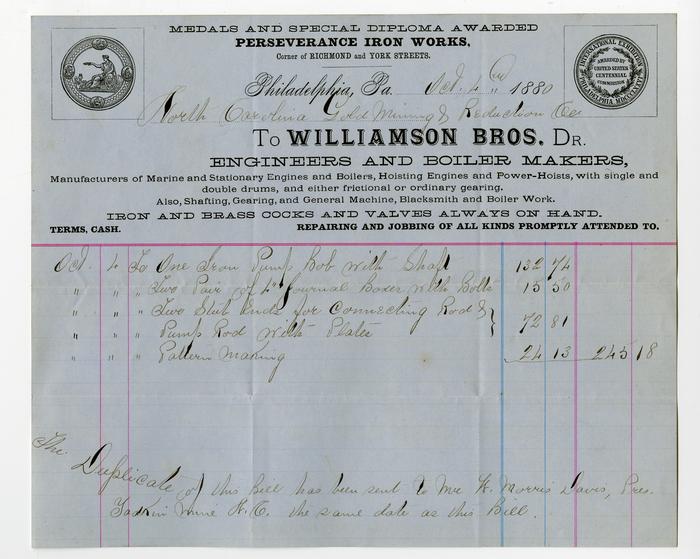 Bill to William Morris Davis from Williamson Bros., 4 October 1880