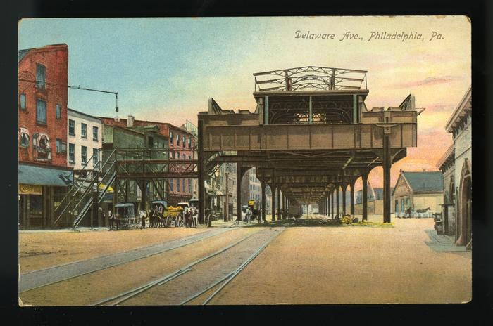End of elevated (transportation line), Delaware Avenue, colorized postcard (circa 1920)